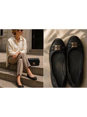 Tory Burch Reva Ballet Flats Black Leather Gold Logo Elastic Comfort Shoes 11 M